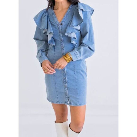Karlie Denim Ruffle Dress Size Large NWT - Picture 1 of 9